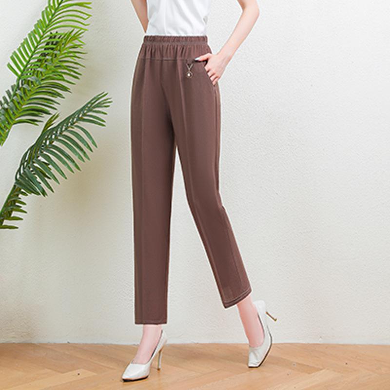 Women's Summer Thin Ice Silk Elastic Pants Solid Color High Waist Loose Casual Pants Middle aged Female Elastic Straight Leg Pants