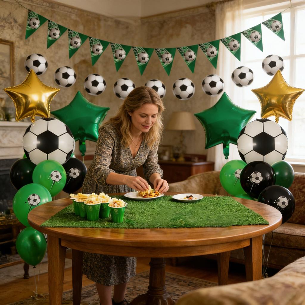 Soccer Themed Party Decorations Set with Balloons Banner Foil Stars and Soccer Ball Print Stickers for Birthday Event Celebration