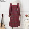 VONDA Rochie Midi Eleganta Retro pentru Femei cu Guler Pătrat, Mâneci Lungi Bufante, Curea, Imprimeu Carouri Vintage