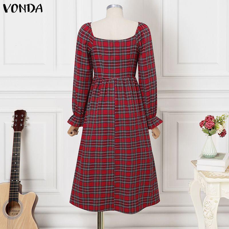 VONDA Rochie Midi Eleganta Retro pentru Femei cu Guler Pătrat, Mâneci Lungi Bufante, Curea, Imprimeu Carouri Vintage