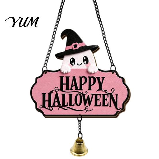Festive Entrance Hanging Bell Halloween Cute Witch Hat Ghost Door Sign, Wooden Decoration, Decorative Skull Doorbell Pendants for Indoor Outdoor Home