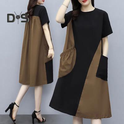 Damen Midi Kleid Rundhalsausschnitt Kurzarm Locker Geschnitten Sommerkleid mit Taschen Patchwork Farbe Leichtes Freizeitkleid