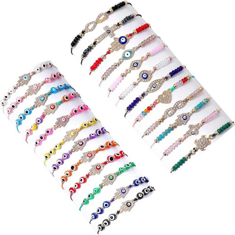 12Pcs Evil Eye Lucky Bracelet Set For Women Crystal Hand Cross Charm Adjustable Rope Chain Wrap Bangle Men Fashion Party Jewelry