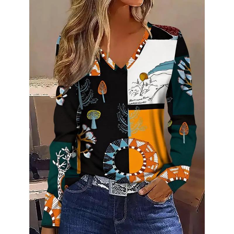 

Арт Граффити Принт Топ с V-образным вырезом Женские Персонализированные Модные Футболки с длинным рукавом 6XL