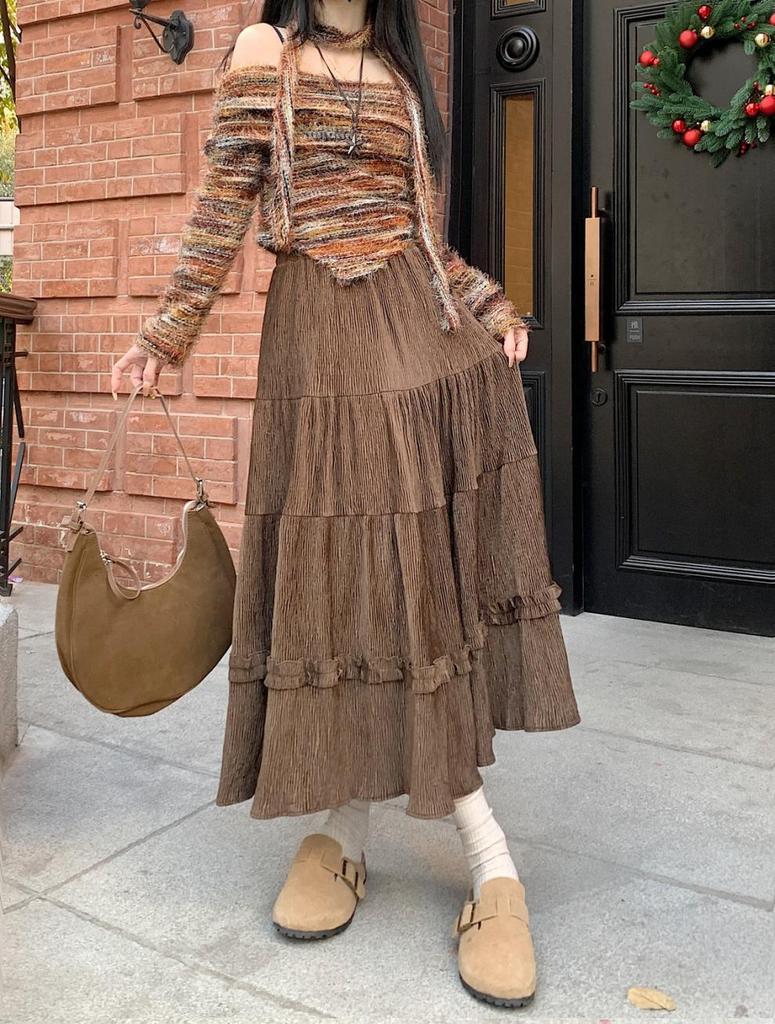 2025 Midirock mit hohem Bund, Plisseefalten und Rüschensaum für Herbst/Winter