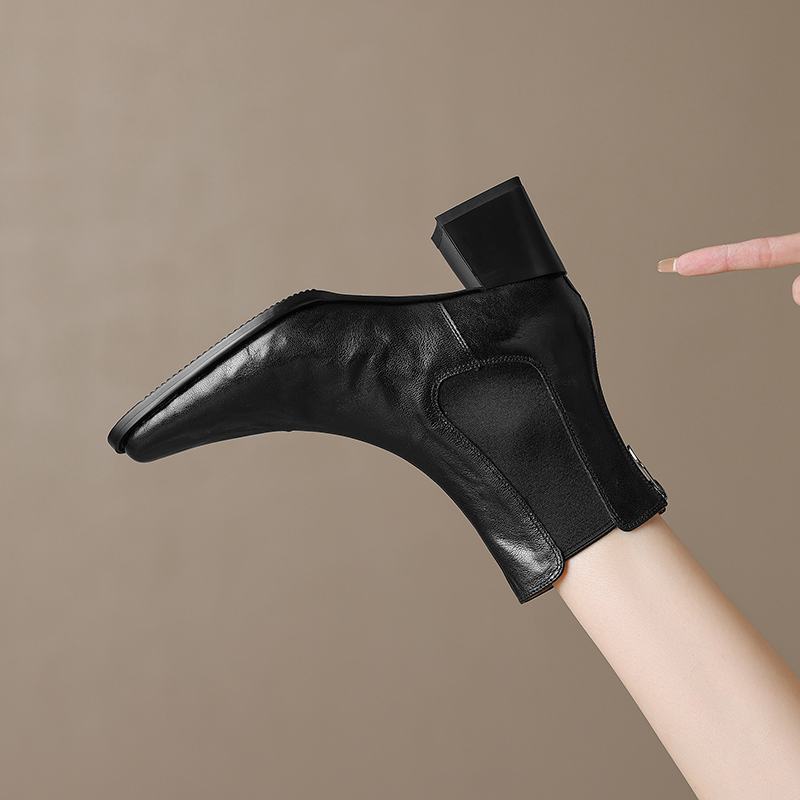 Krazing Pot Sheep Skin Square Toe Winter Med Heels Chelsea Boots Women Zipper Retro Fashion Leisure Ankle Boots