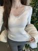 Women's Velvet Lace Base Layer Shirt - White V-neck Long Sleeve Top with Built-in Bra Pads for Autumn/Winter
