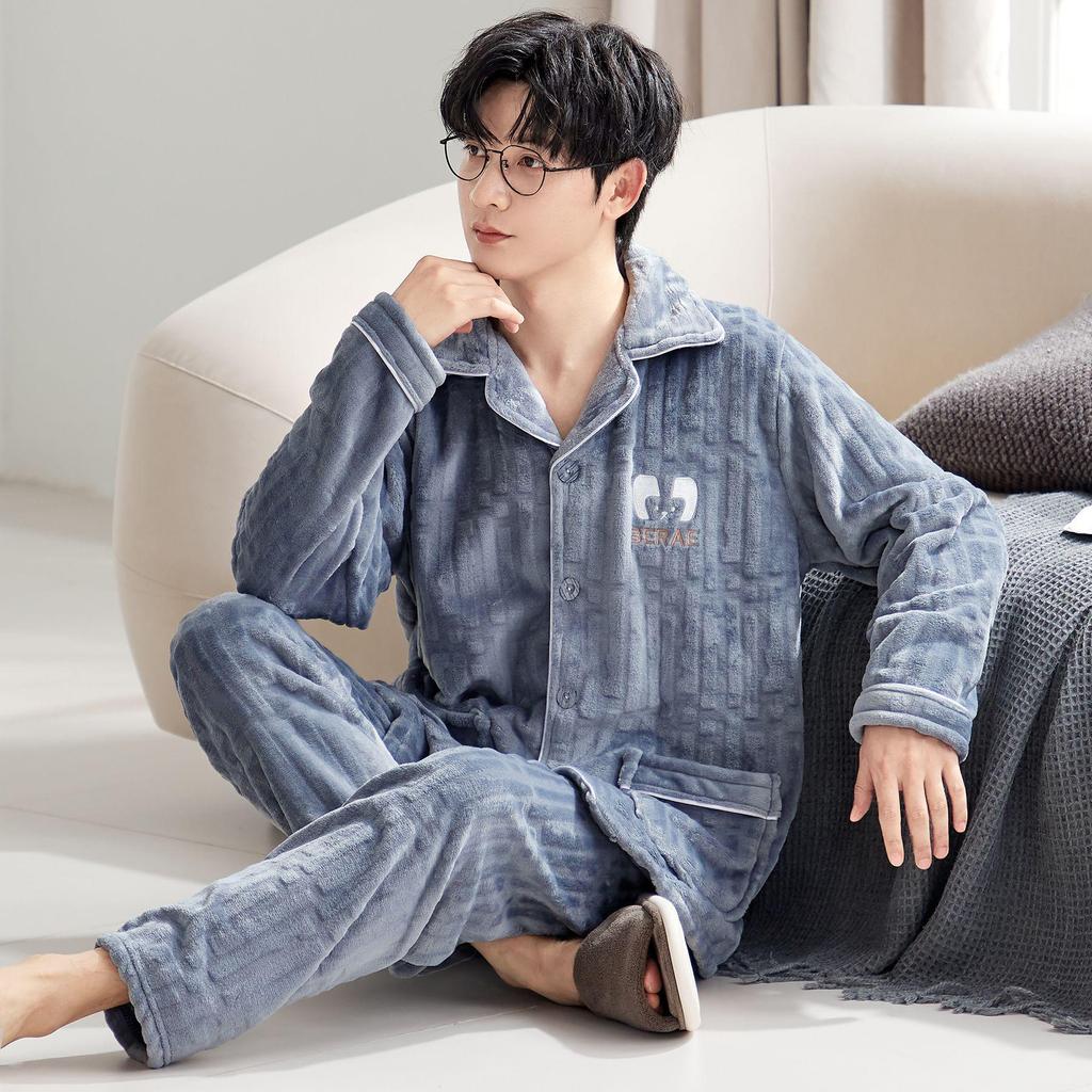 Men's Autumn/Winter Flannel Lapel Pajamas - New Arrival, Plus Velvet, Thickened Coral Fleece Homewear