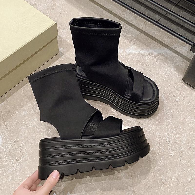 Thick-soled heightening and slimming elastic boots for women's 2025 summer new outer wear versatile one-pedal sleeve open-toe cool boots