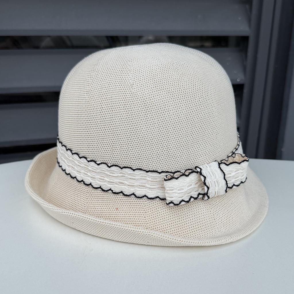 Elegant bow knitted dome basin hat women's spring and summer retro British fashion crimped bucket hat travel visor