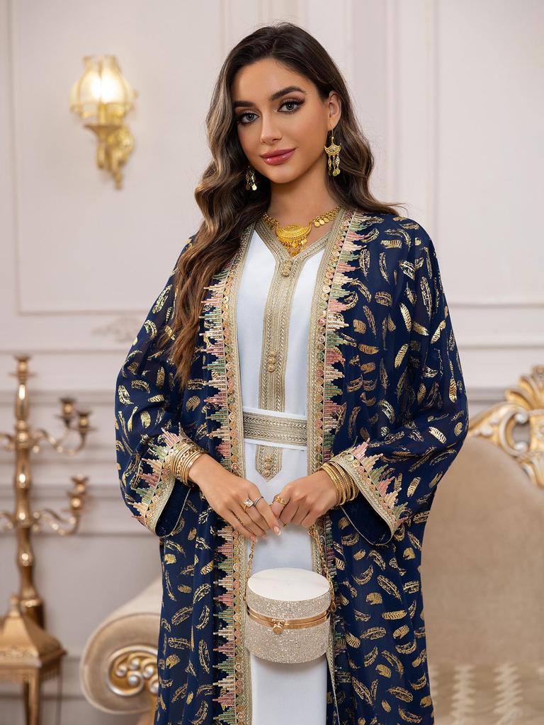AB454 Women's Plus Size Dubai Chiffon Abaya Set - Three-Piece Middle Eastern Cardigan Long Dress with Hot Stamping