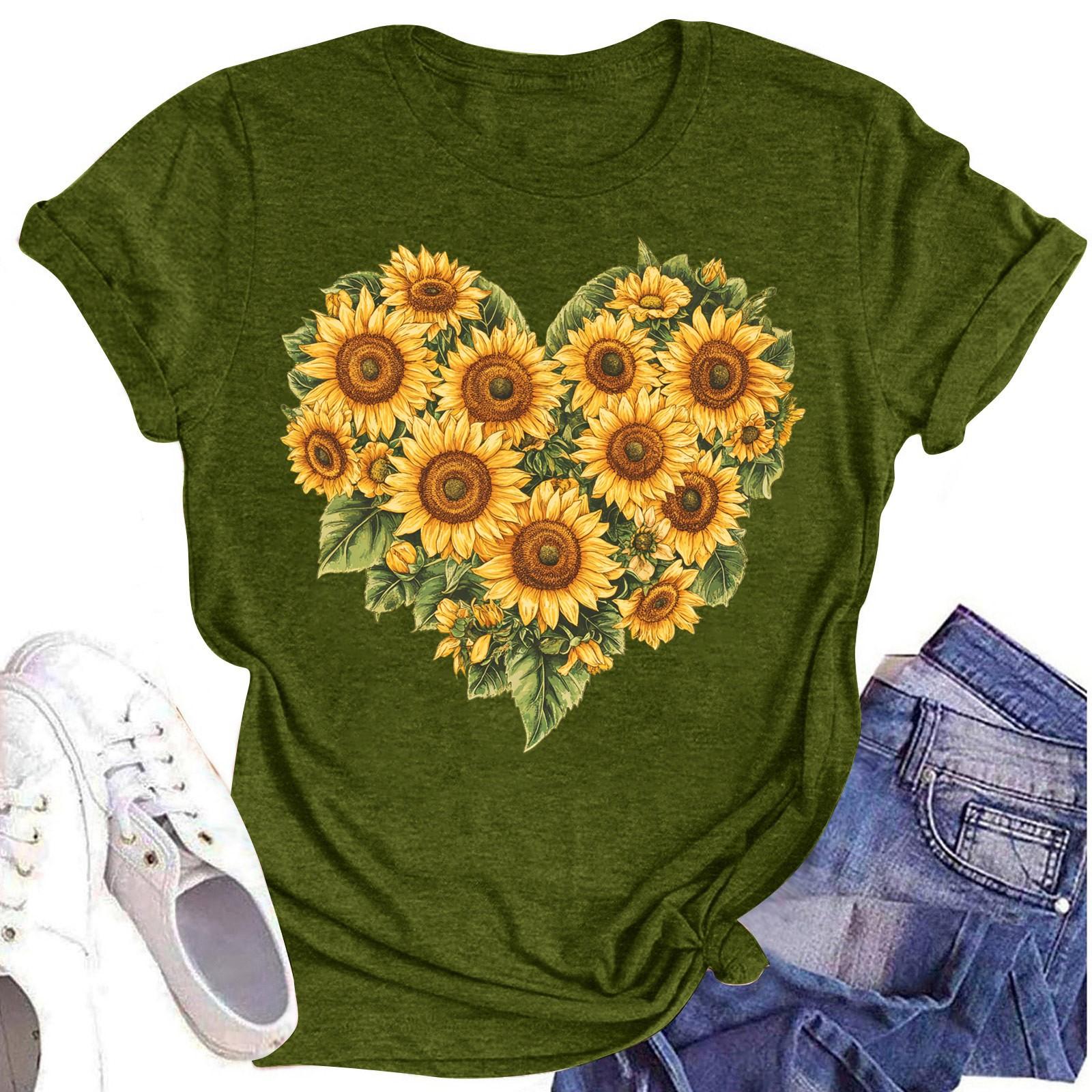 

Женская повседневная футболка с круглым вырезом и цветочным принтом, короткий рукав L армия зеленый