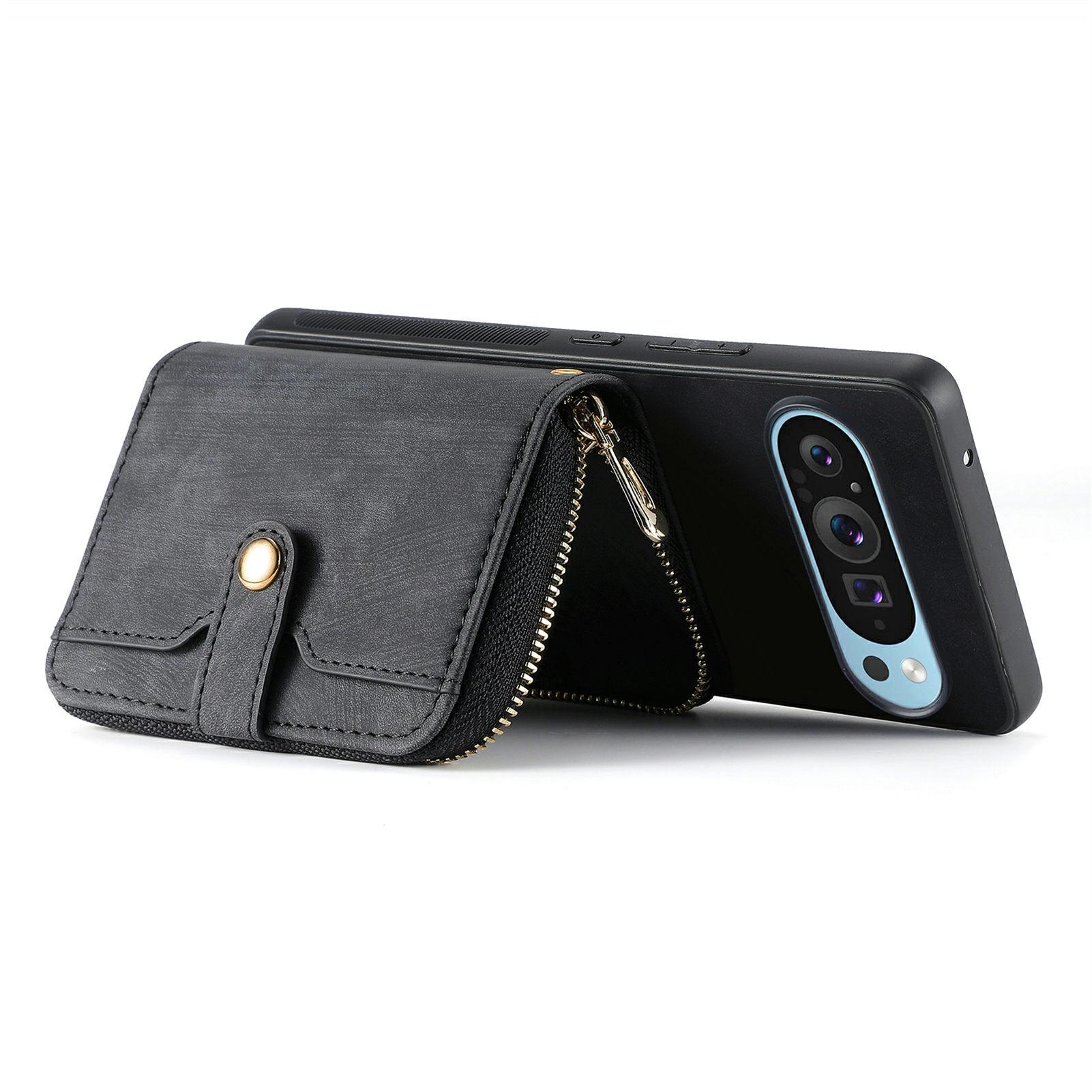 

For Google Pixel 9 Pro XL Case Zipper Card Holder PU Leather Phone Back Cover with Long Strap Purple