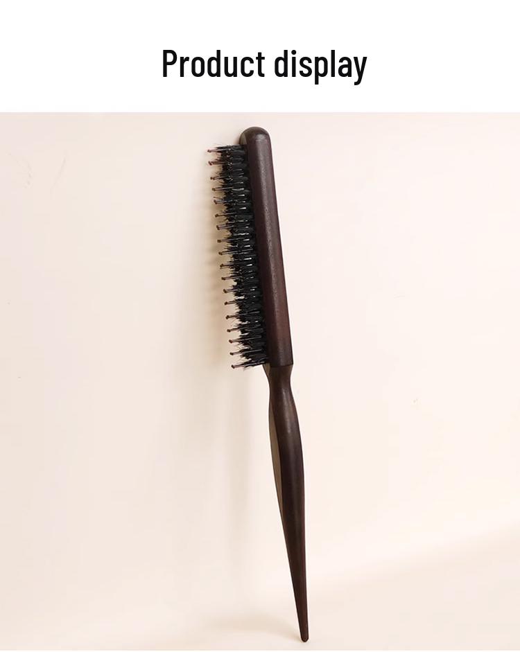Fluffy Tooth Three-Row Boar Bristle Hairdressing Comb - Wooden, Pointed, Long Handle for Teasing, Curling, and Styling