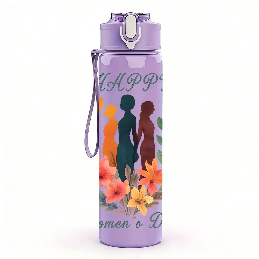 1PC Happy Womens Day Text Art Pattern 750ml Color Plastic Sports Water Bottle Leakproof Flip Straw Lid Suitable for Sports Office Home Use