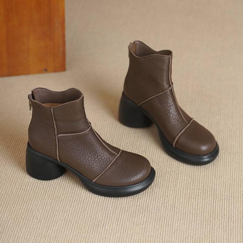 Autumn and winter women's leather boots medium heel sheepskin large size women's boots rear zipper thick sole new versatile leather low boots women