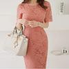 2025 Korean Style Lace Elegant Slim Dress - Short Sleeve, Medium-Long Length