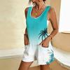 Women Plus Size Scoop Neck Sleeveless Green Clover Printed Loose Short Romper With Pockets