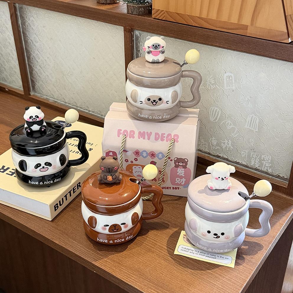 Cute Puppy Mug With Lid Spoon Wind Ceramic Cup Couple Water Cup Girls Household Breakfast Cup Children