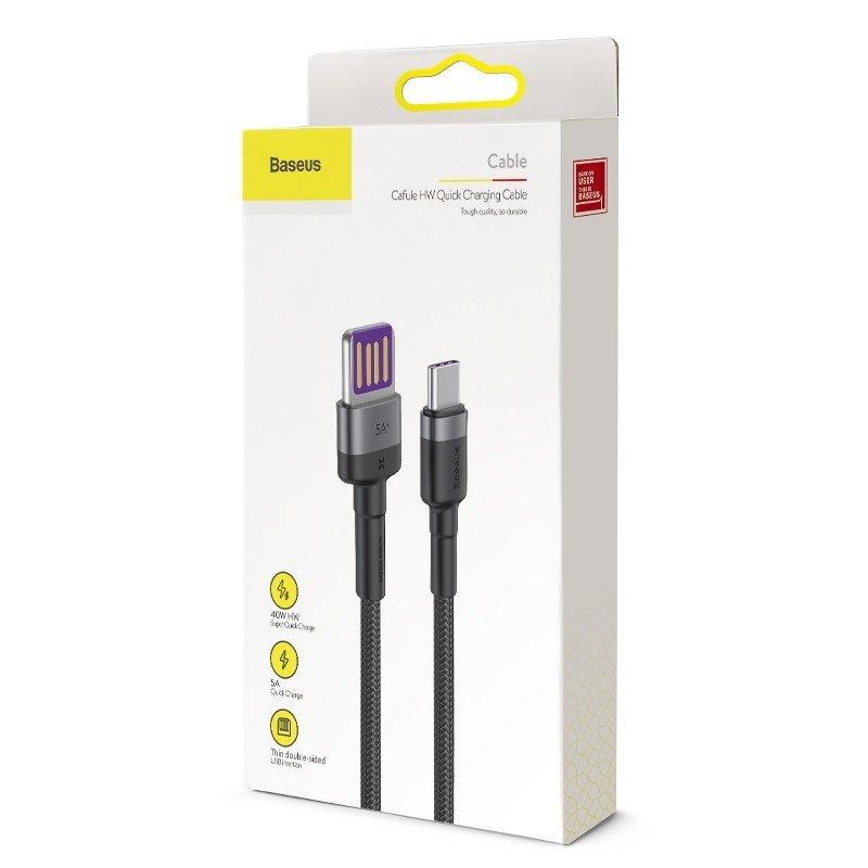 Kabel Usb Do Usb-C Baseus Cafule Huawei Supercharge, Qc 3.0, 5A 1M (Czarno-Szary)