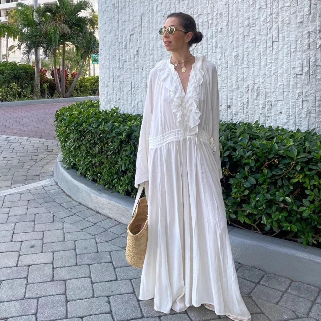 Rochii Lungi Elegante Albe Largi din Gaze Femei Casual Decolteu în V Mânecă Lungă Cloche Robe Lungi Noi Femei Rochie de Birou High Street