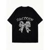 Oversized T Shirt Black Saltfish Text and Bow Print Graphic Tee Casual Streetwear Fashion Women's Top