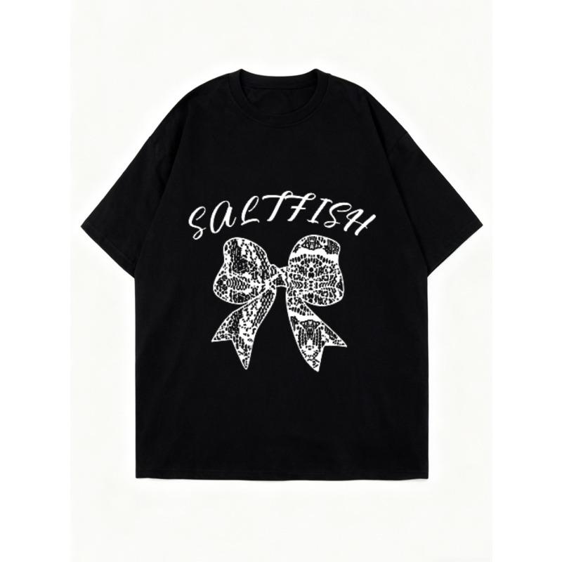 Oversized T Shirt Black Saltfish Text and Bow Print Graphic Tee Casual Streetwear Fashion Women's Top