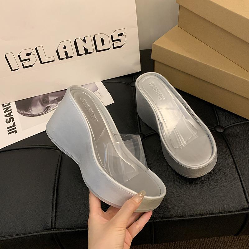 2025 Summer Chunky Woman Slippers Fashion PVC Transparent Platform Wedges Heel Slides Ladies Casual Outdoor Beach Shoes