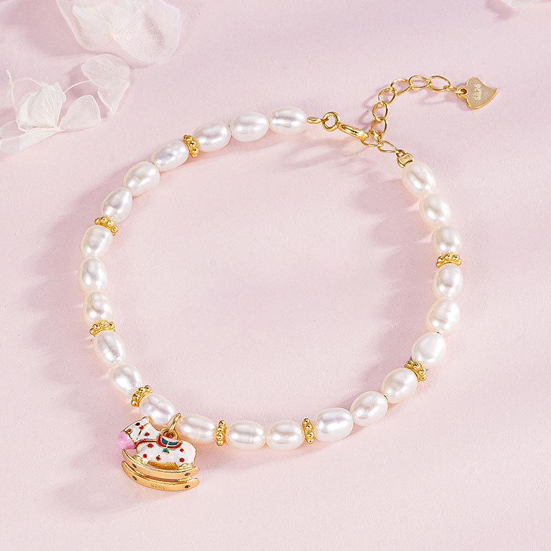 Elegant Enamel Rocking Horse & Freshwater Pearl Bracelet in S925 Sterling Silver 925 Silver