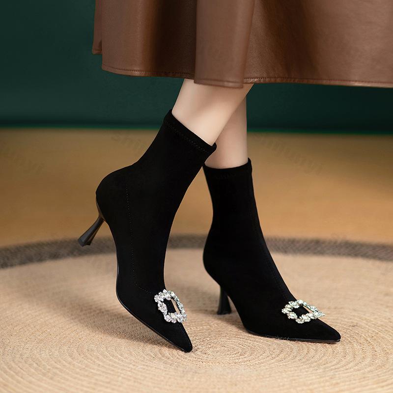 Women Knitted Ankle Boots 2024 New Pointed Toe Stretchy Chunky Thin High Heels Fashion Rhinestone Sock Short Boot Botas De Mujer