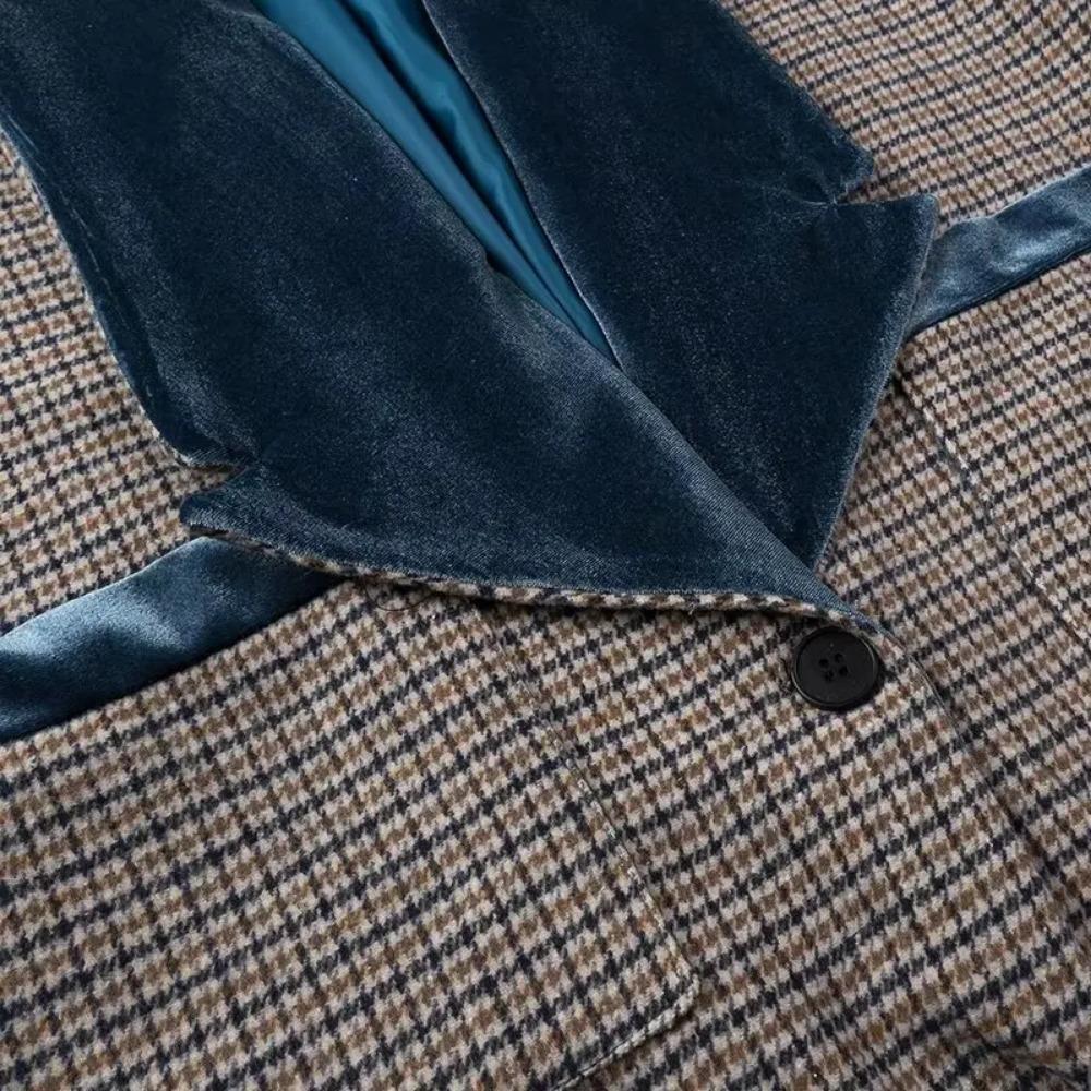 Plus Size Women's Clothing Autumn and Winter Woolen Coat Long Coat with Blue Velvet Stitching on The Shoulders and Collar Coat