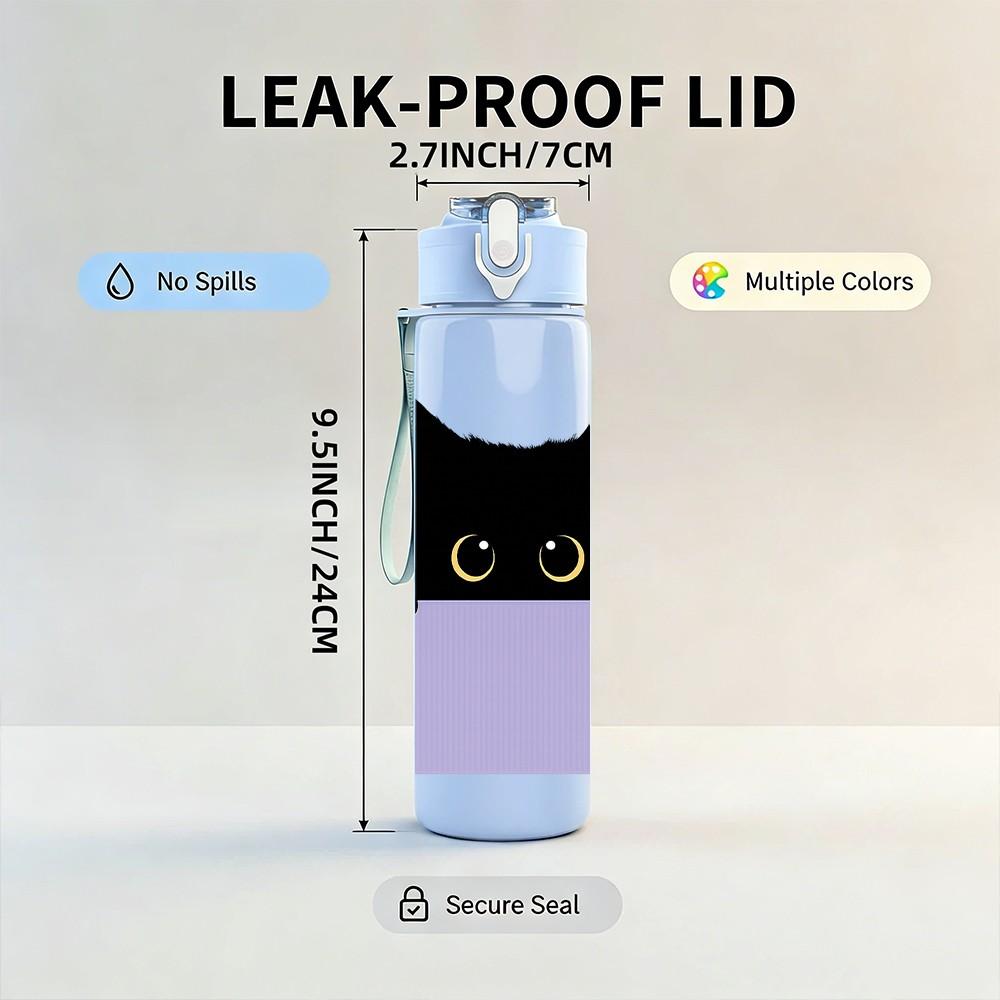 1PC Black Cat Peeking Over Edge Print 750ml Color Plastic Sports Water Bottle Leakproof Flip Straw Lid Suitable for Sports Office Home Use