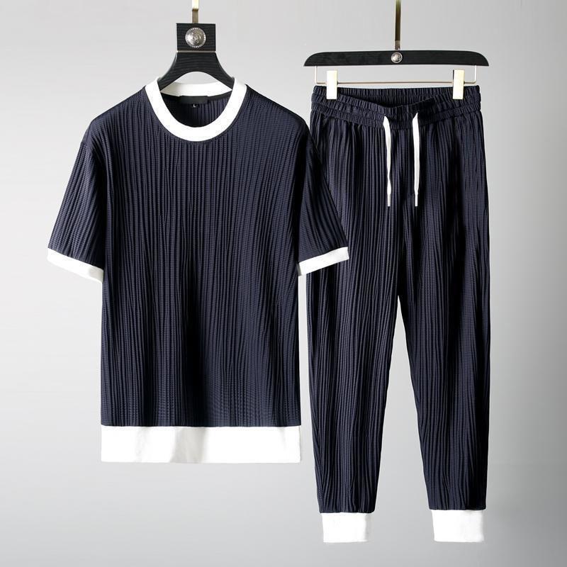 Men's Summer Stretch Casual Set Short-Sleeve T-Shirt + Cropped Pants Comfortable and Silky Sports Two-Piece Set