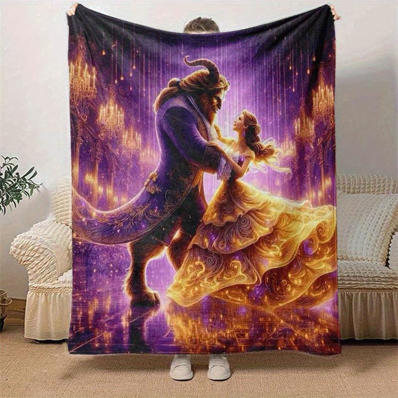 1pc Beauty and The Beast Printing Blanket - Soft, All-Season Throw for Office Blanket, Personalized Gift with Adorable Cartoon Design