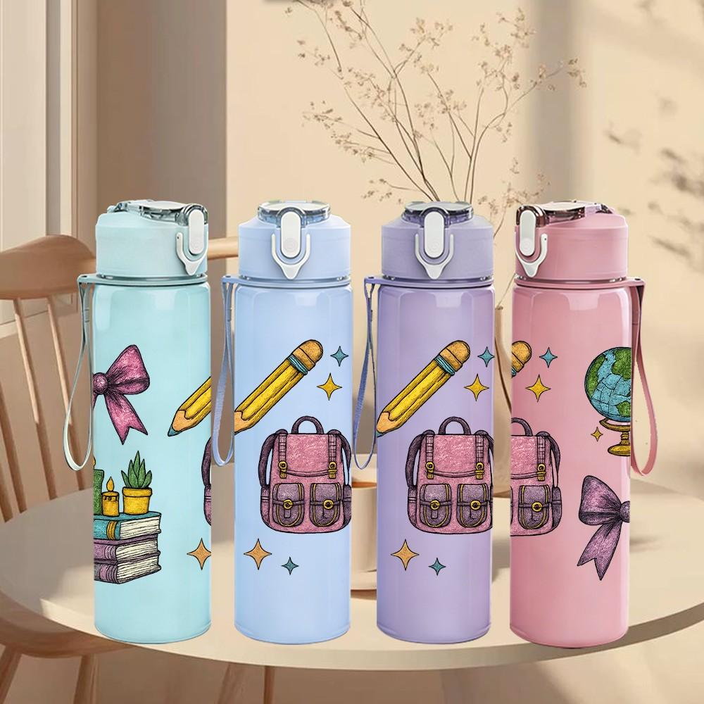 1PC School Bag Globe Bow Pattern 750ml Color Plastic Sports Water Bottle Leakproof Flip Straw Lid Suitable for Sports Office Home Use