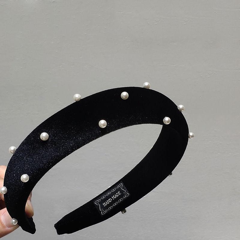 Retro French Velvet Pearl Headband Wide Side High Cranial Top Slim Face Women Fashion Hair Hoop Daily Hair Accessories
