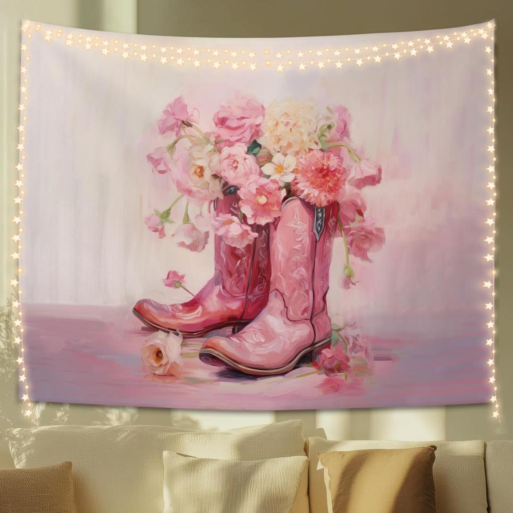 Pink Cowgirl Boots Tapestry Floral Western Wall Art Girly Preppy Decor for Teen Girl Dorm Bedroom 50x60 Inches