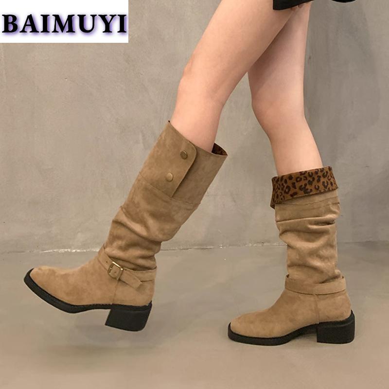 Leopard High Heels Women High Boots Designer Shoes 2025 Trend Winter Brand Suede Chunky Chelsea Boots Pumps Mujer Western Botas