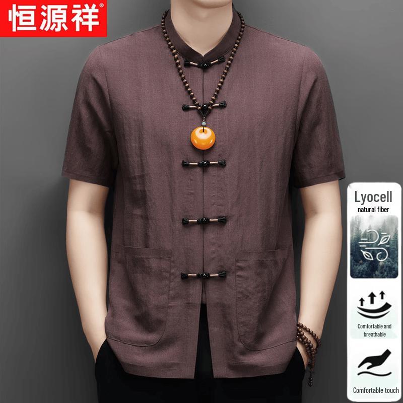 Hengyuanxiang Men s Linen Blend Short Sleeve Stand Collar Tang Suit 180