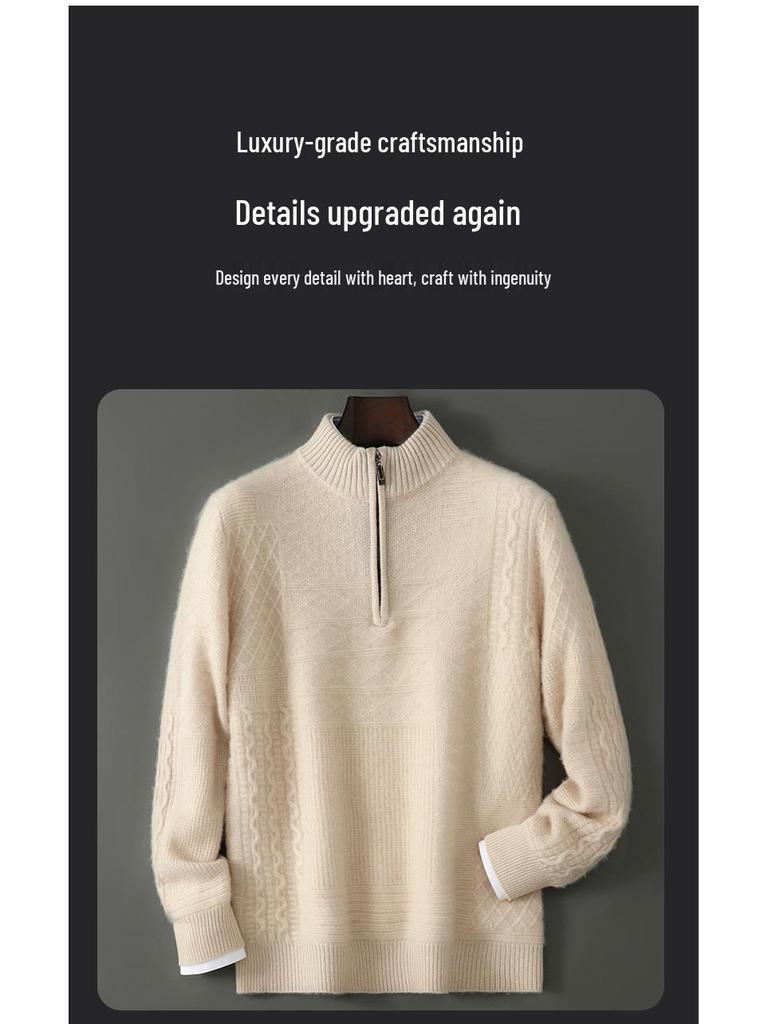 Men's Soft Half-Zip Pure Wool Sweater - Thick, Loose, Stylish Pullover for All Ages