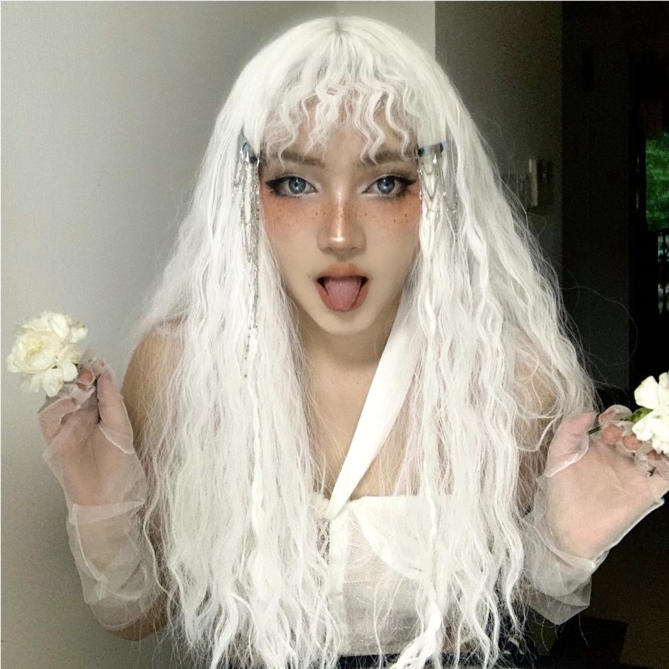Synthetic Cosplay Wig Long Curly With Bangs White Wool Roll Lolita Women Halloween Cosplay Wig Female