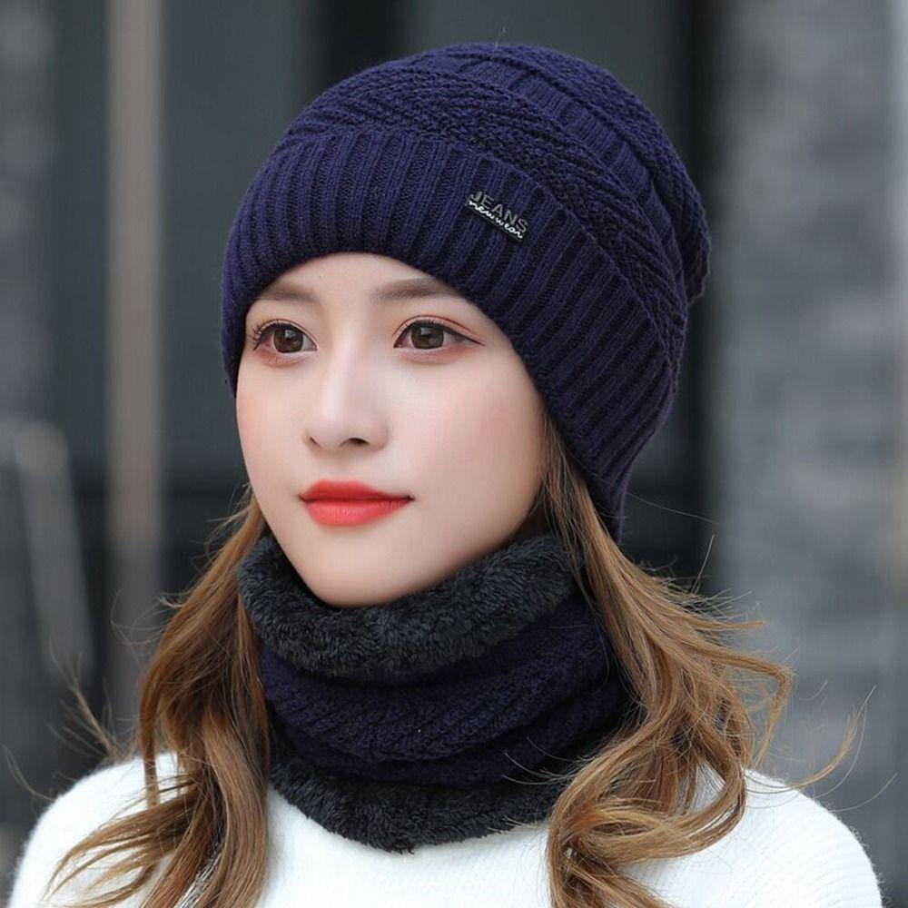 Winter Warm Hat Solid Color Hats Bib Windproof Knitted Hat Women Hat Hats Scarf Sets Beanie Cap