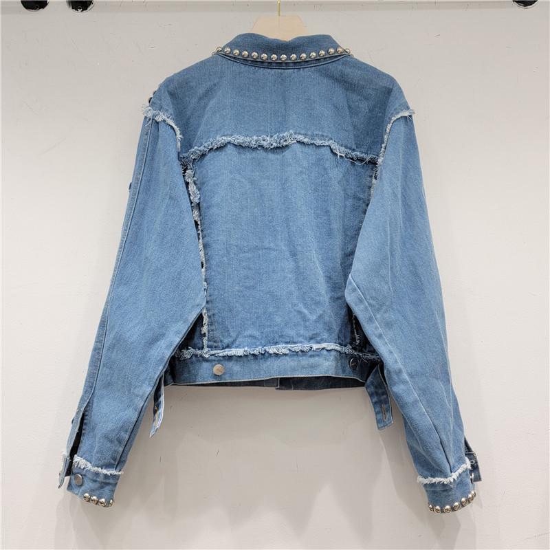 European Station Spring and Autumn New Loose and Skinny BF Heavy Industry Rivet Diamond-encrusted Denim Jacket Jacket Female Trend Brand