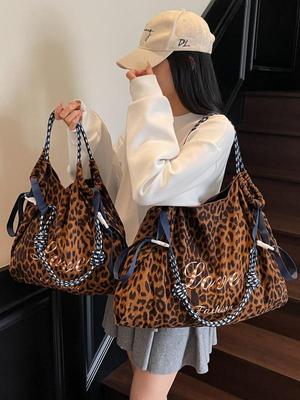 Women's Leopard Print Retro Tote Bag - Large Capacity, Fashionable Street Style Shoulder Bag