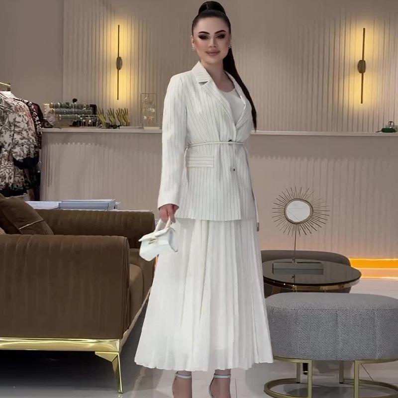 Elegant 2024 Autumn European & American Women's Versatile Suit and Long Dress Set