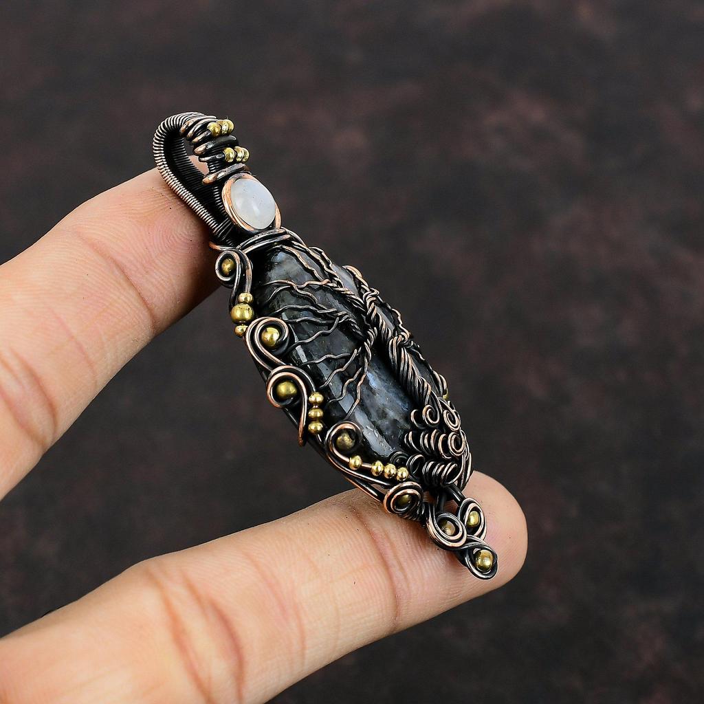 Tree Of Life Larvikite Pendant Copper Wire Wrapped Pendant Rainbow Moonstone Pendant Handmade Gemstone Jewelry Gift For Her Copper Jewelry
