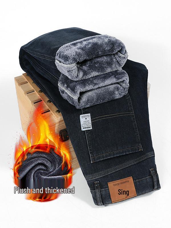Men's Black Casual Loose Straight-Leg Jeans with Velvet Lining