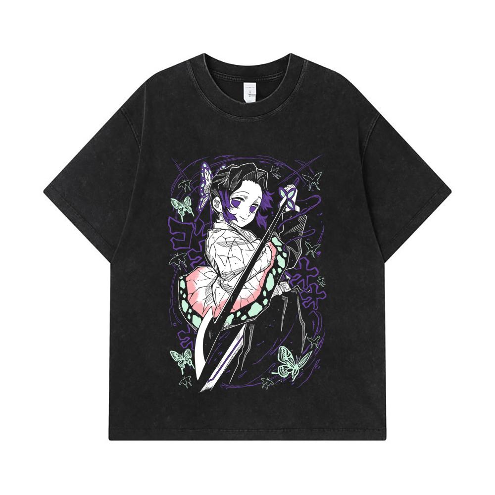 275 GSM Washed T-shirts 100% Cotton Demon Slayer V44 Shibobu Print Unisex Heavy Cotton T Shirt