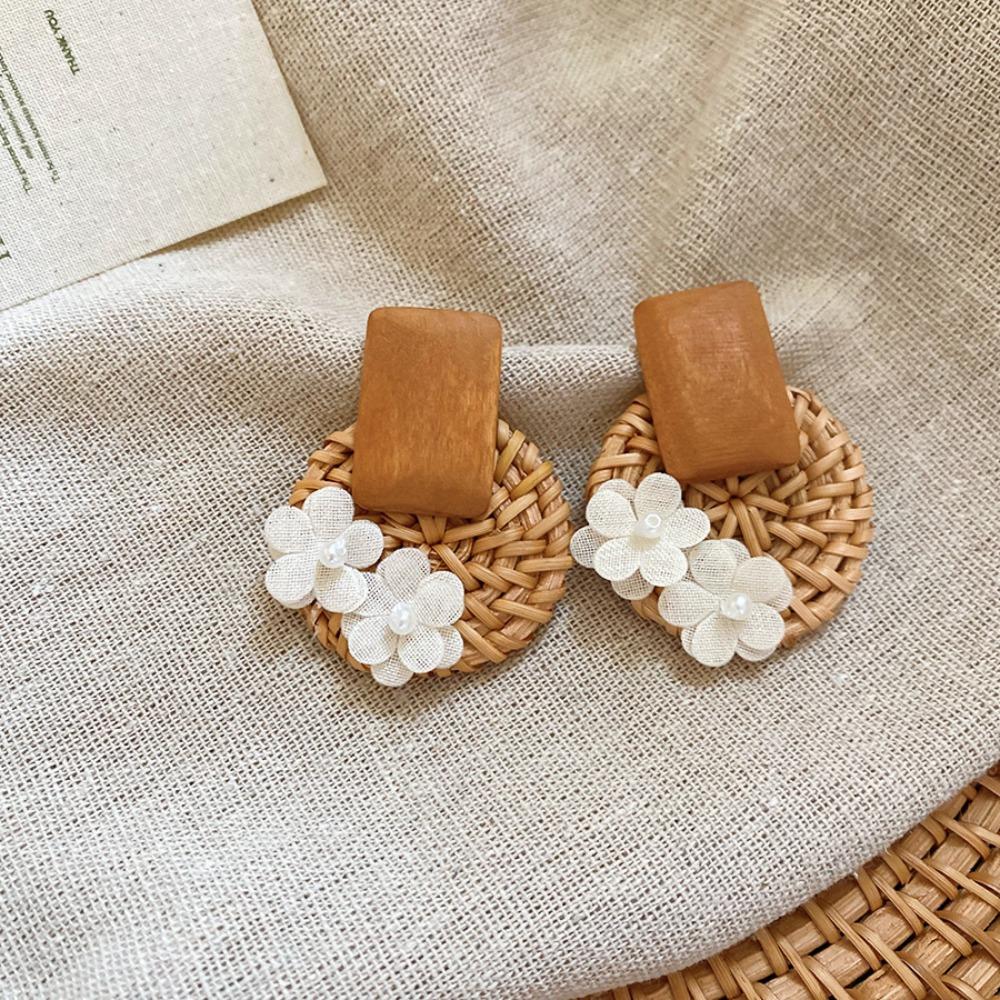 Round Rattan Weave Earrings Flower Beach Jewelry Cute Bohemian Drop Earrings  Wedding