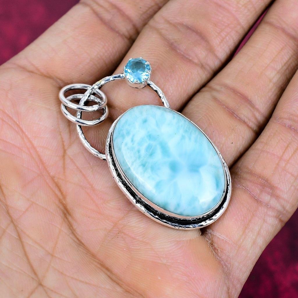 Larimar & Blautopas Anhänger, 925 Sterlingsilber Anhänger Schmuck. Geschenk für Frauen, handgefertigter Anhänger, Edelsteinschmuck